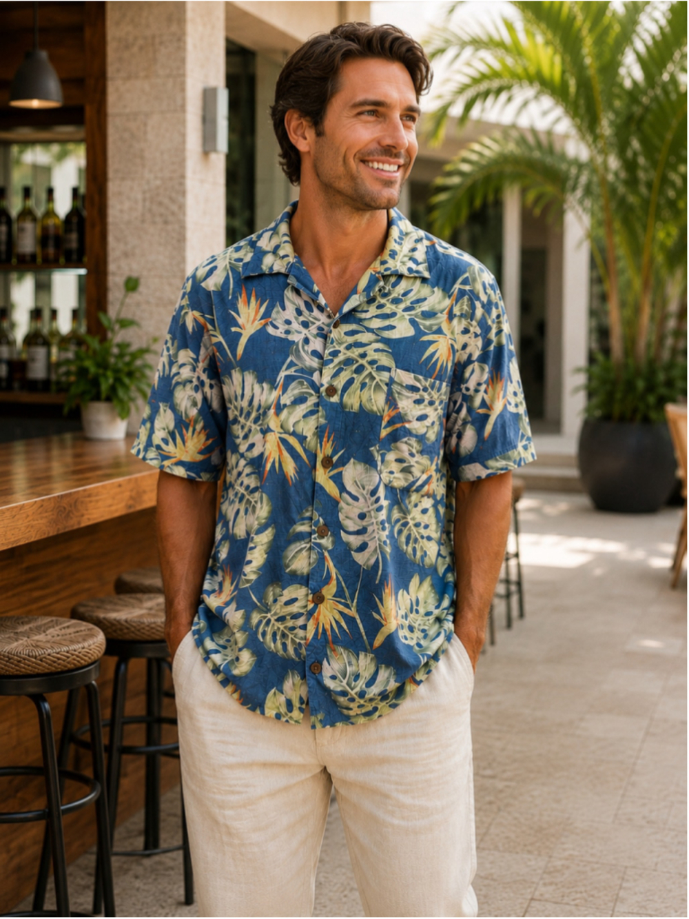 Tommy Bahama Shirt Men XL 100% Silk Camp Tropical Resort Hawaiian Palm Leaf Blue